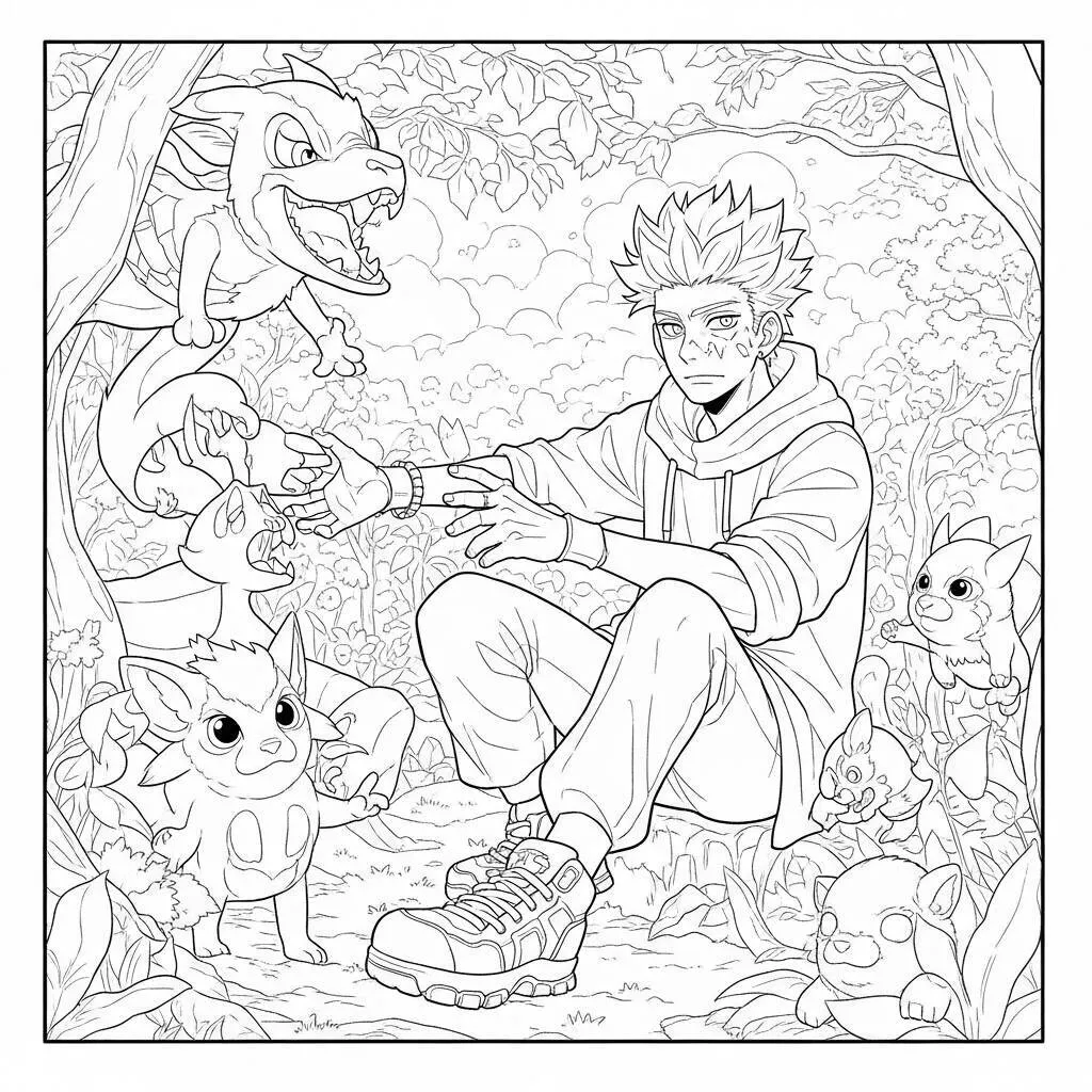 Desenho-Satoru-Gojo-e-Criaturas-Magicas-para-Colorir Desenho Satoru Gojo e Criaturas Mágicas para Colorir