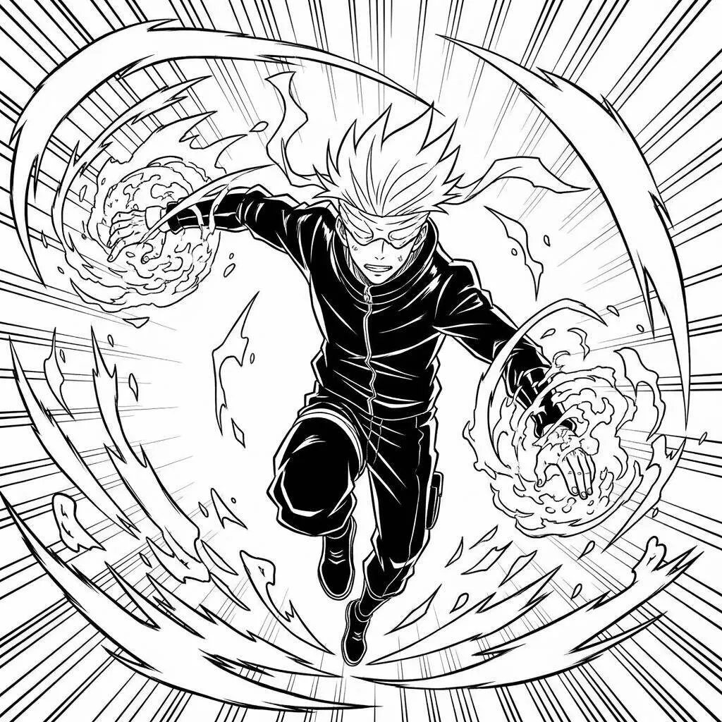 Desenho Satoru Gojo e Elementos de Ação para Colorir
