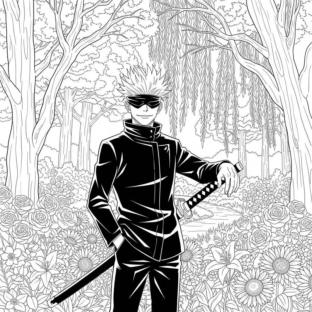 Desenho Satoru Gojo e a Natureza para Colorir