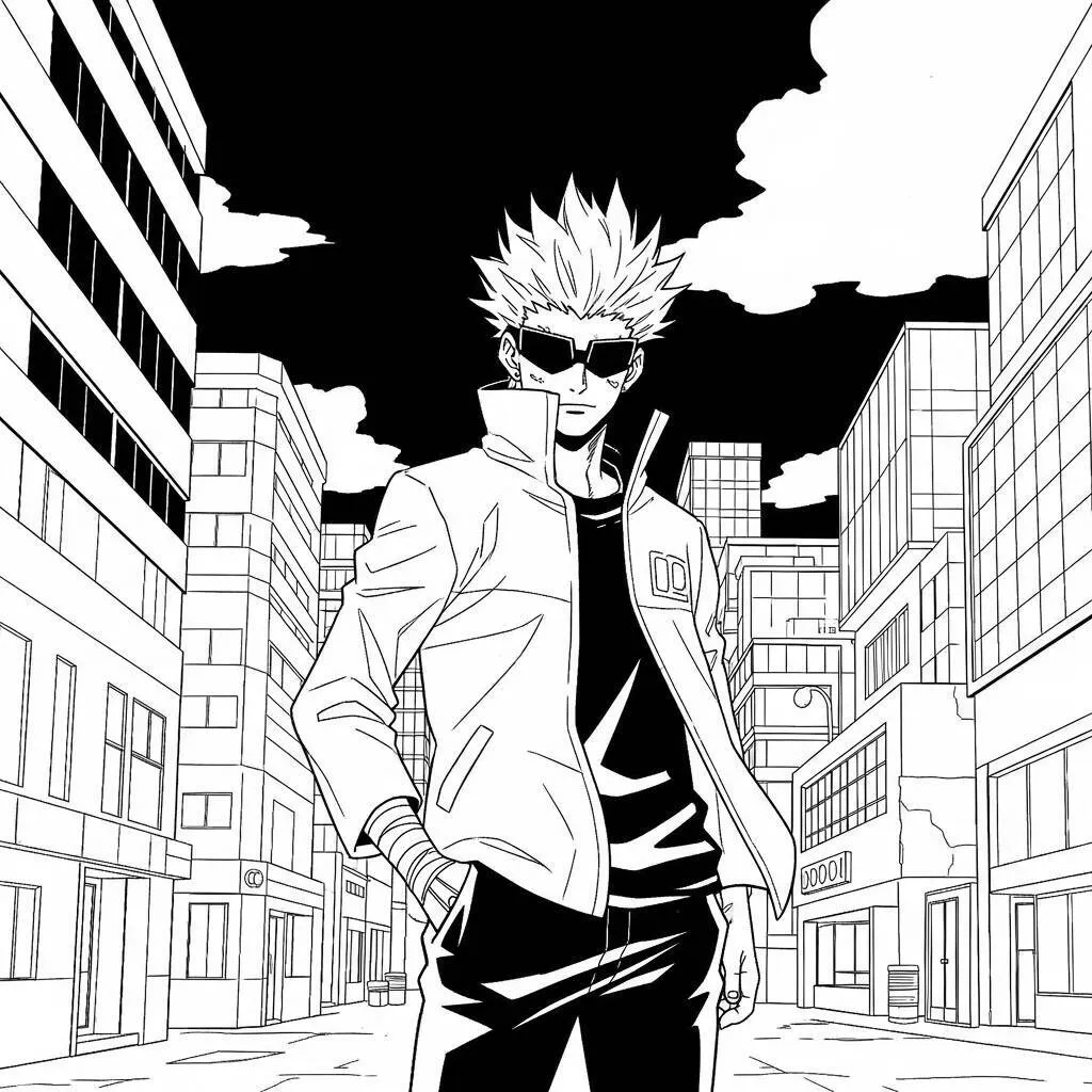 Desenho-Satoru-Gojo-em-um-Cenario-Urbano-para-Colorir Desenho Satoru Gojo em um Cenário Urbano para Colorir