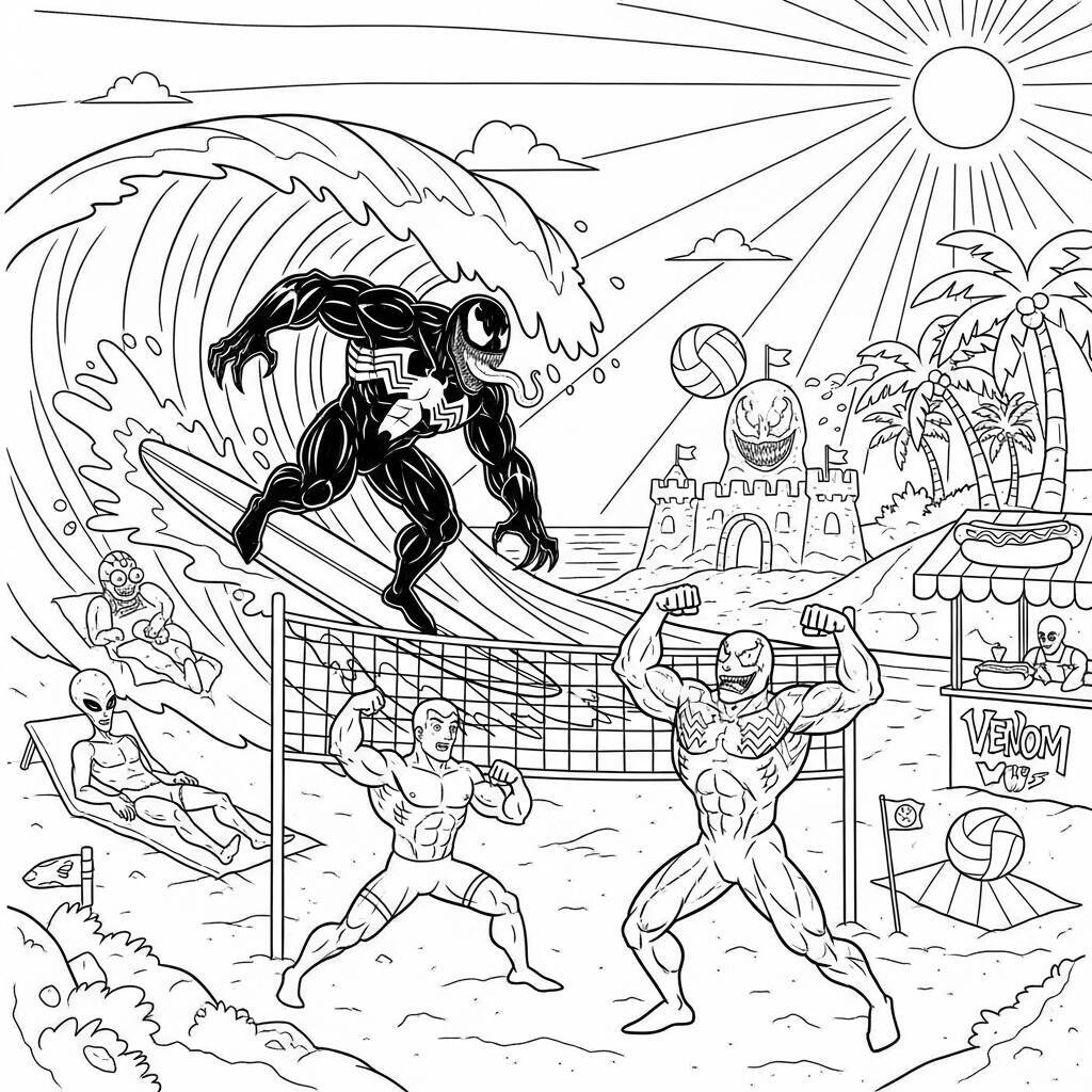 Desenho Venom com Elementos de Verão para Colorir