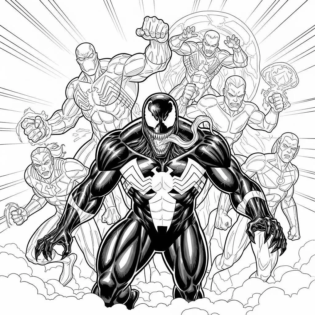 Desenho-Venom-e-Super-Herois-para-Colorir Venom and Superheroes Coloring Page