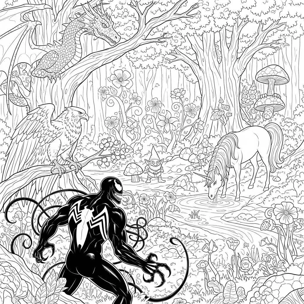 Desenho Venom em Aventura na Floresta para Colorir