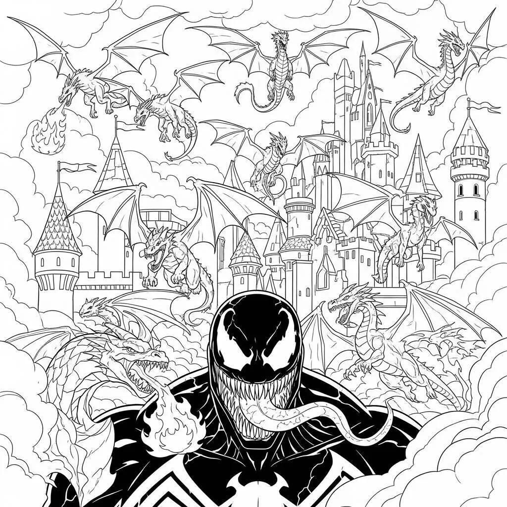 Desenho-Venom-em-um-Mundo-de-Fantasia-para-Colorir Venom in a Fantasy World Coloring Page