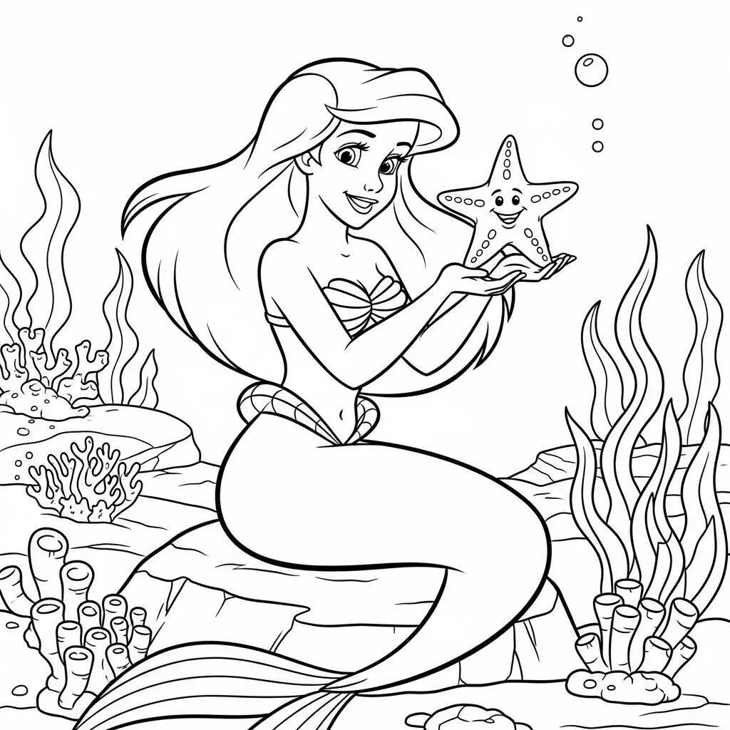 Desenho da Ariel com Estrelas do Mar para Colorir