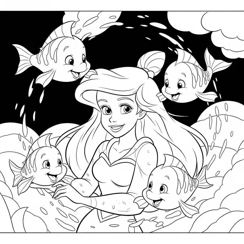 Desenho da Ariel com Peixes para Colorir