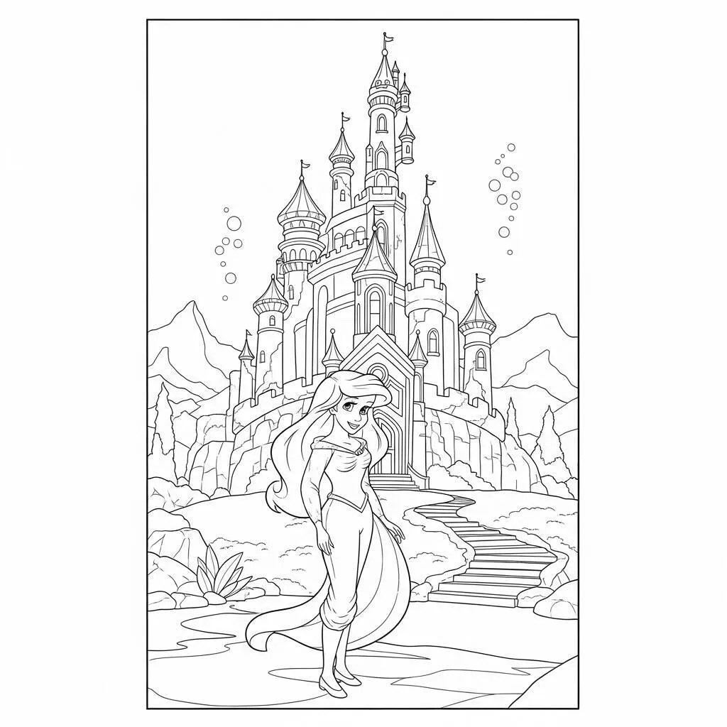 Desenho-da-Ariel-e-o-Castelo-Submarino-para-Colorir Desenho da Ariel e o Castelo Submarino para Colorir