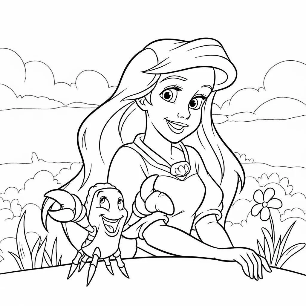 Desenho-da-Ariel-e-um-Caranguejo-para-Colorir Desenho da Ariel e um Caranguejo para Colorir