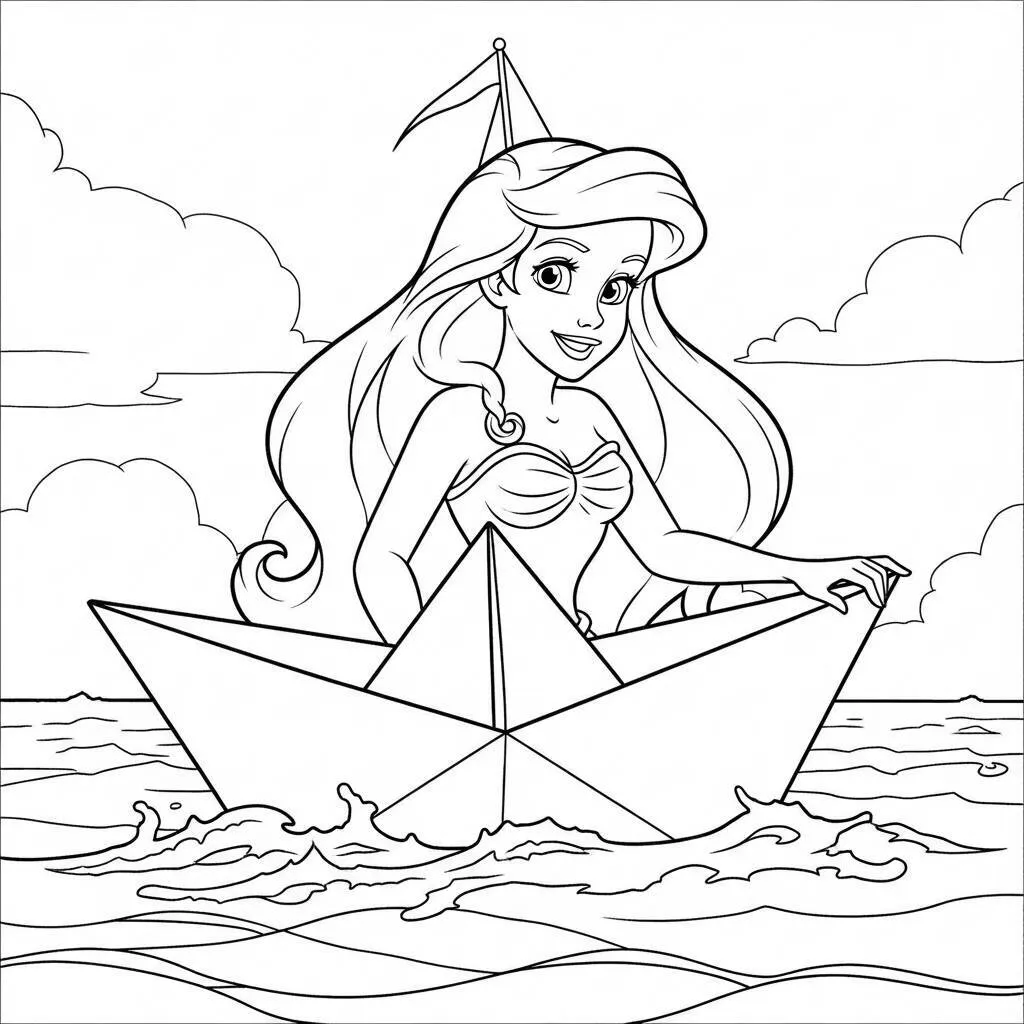Desenho da Ariel em um Barco de Papel para Colorir