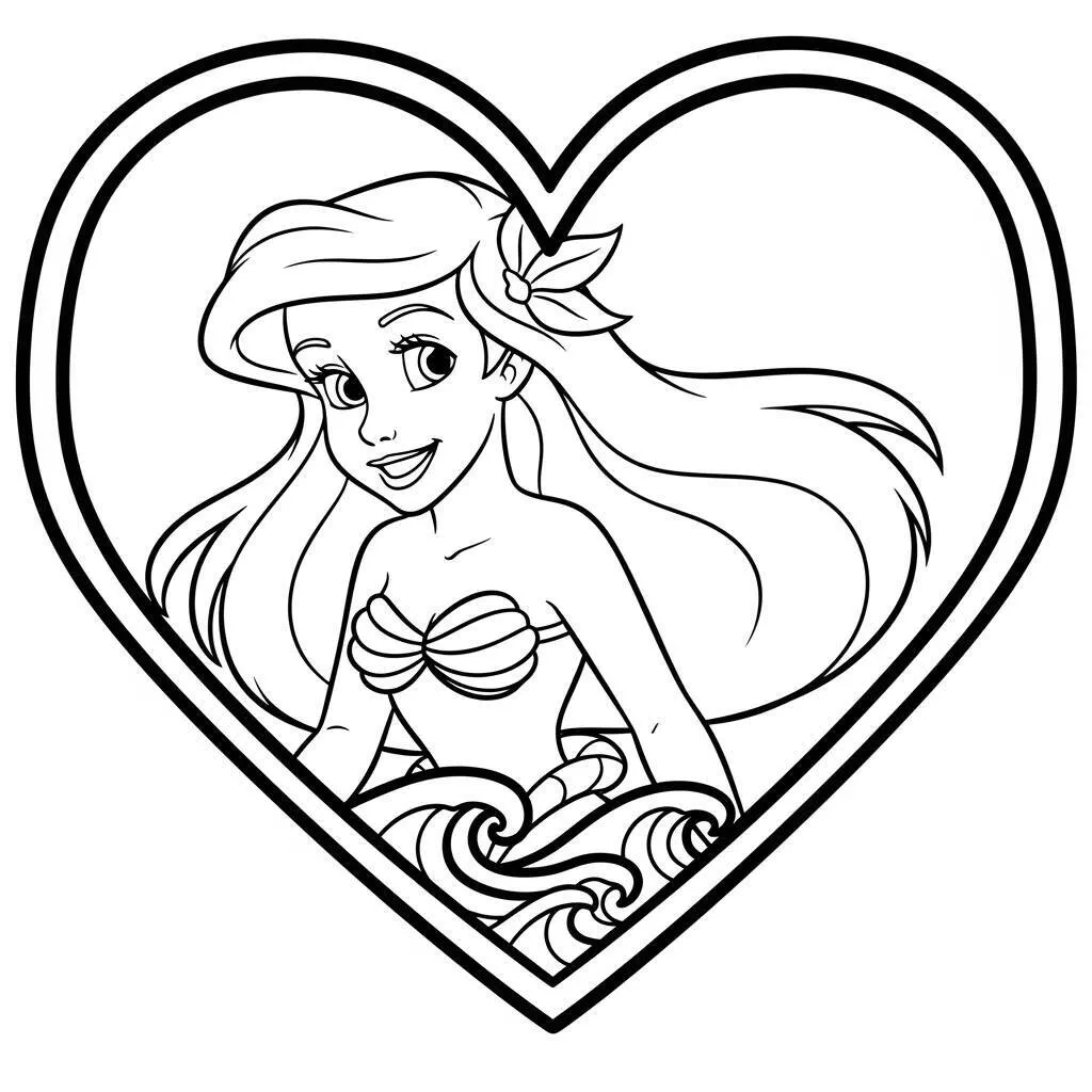 Desenho da Ariel em um Coração para Colorir