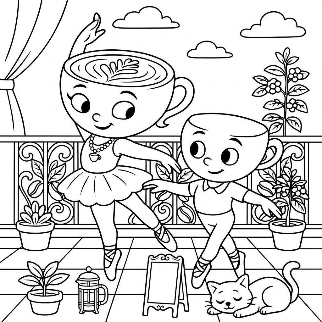 Desenho da Ballerina Cappuccina dançando com amigo para colorir