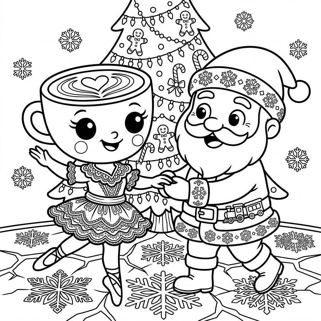 Desenho da Ballerina Cappuccina dançando com o Papai Noel para colorir