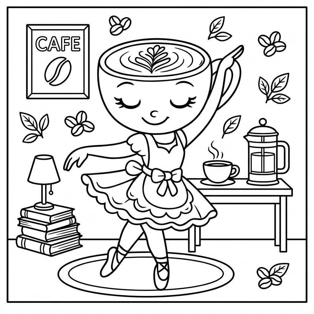 Desenho da Ballerina Cappuccina dançando com uma xícara para colorir