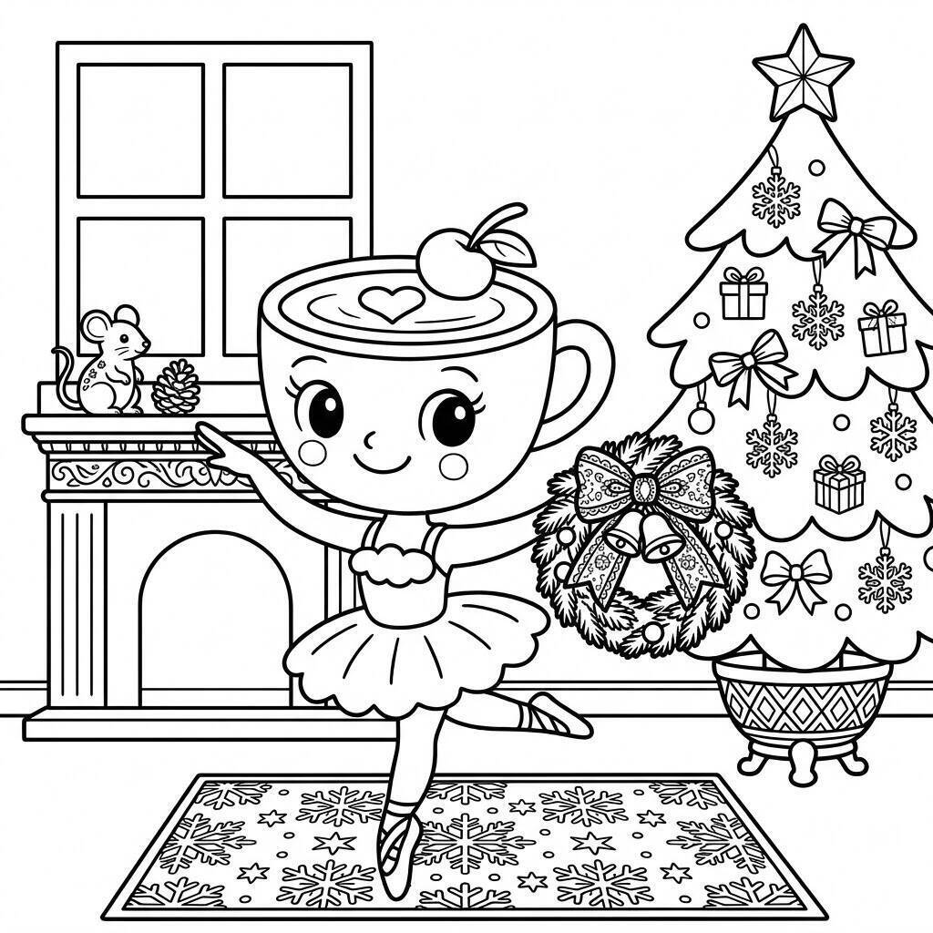 Desenho da Ballerina Cappuccina dançando perto da árvore de Natal para colorir