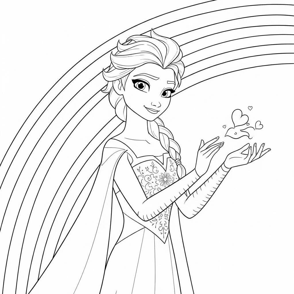 Desenho da Elsa com Arco-íris para Colorir