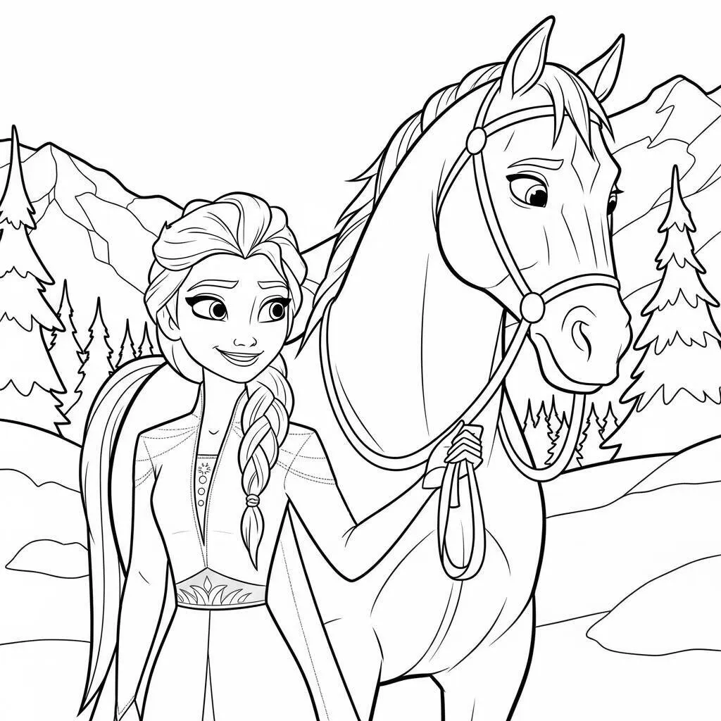 Desenho da Elsa com Seu Cavalo para Colorir