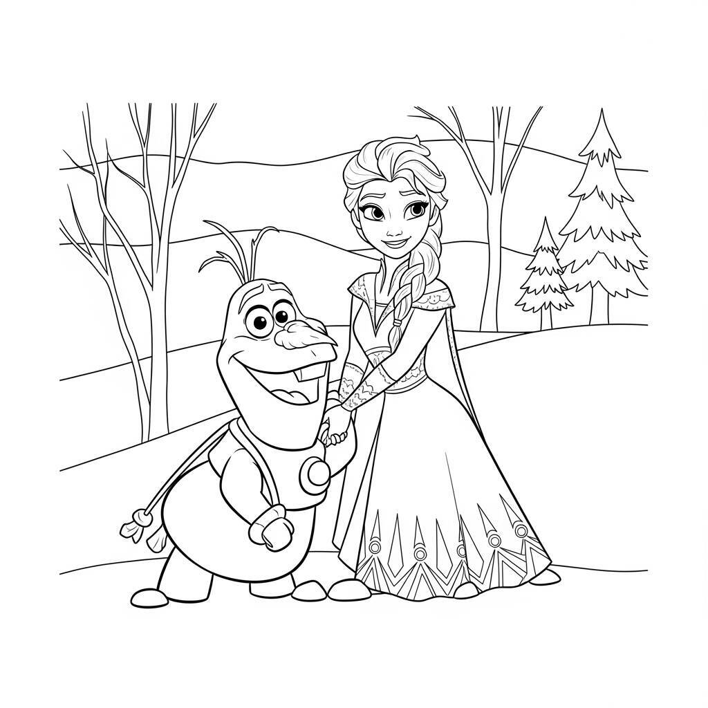 Desenho da Elsa e Olaf na Neve para Colorir