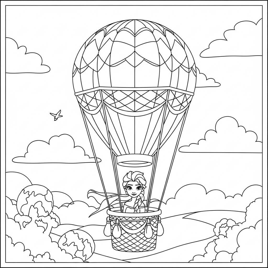 Desenho da Elsa em um Balão de Ar Quente para Colorir