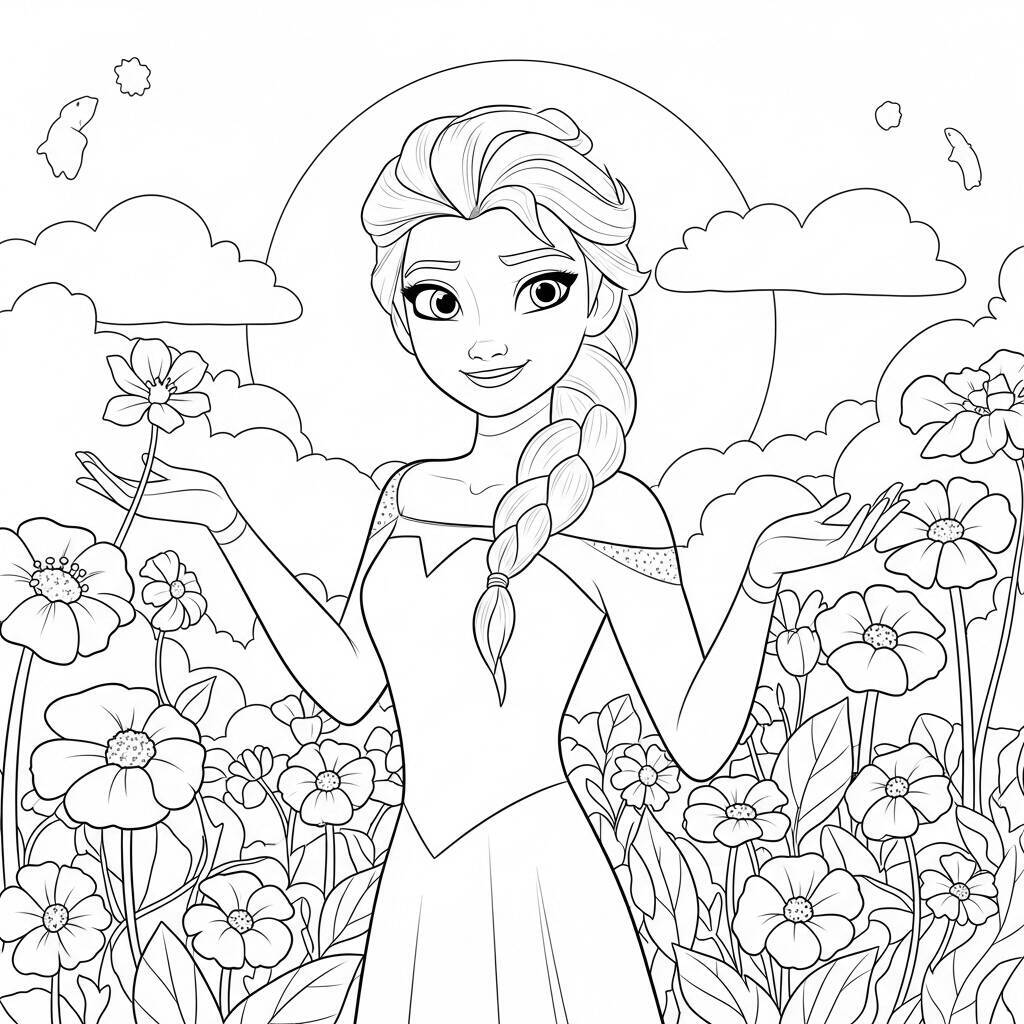 Desenho da Elsa em um Jardim Florido para Colorir