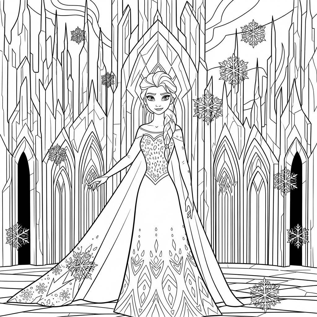 Desenho da Elsa em um Palácio de Gelo para Colorir