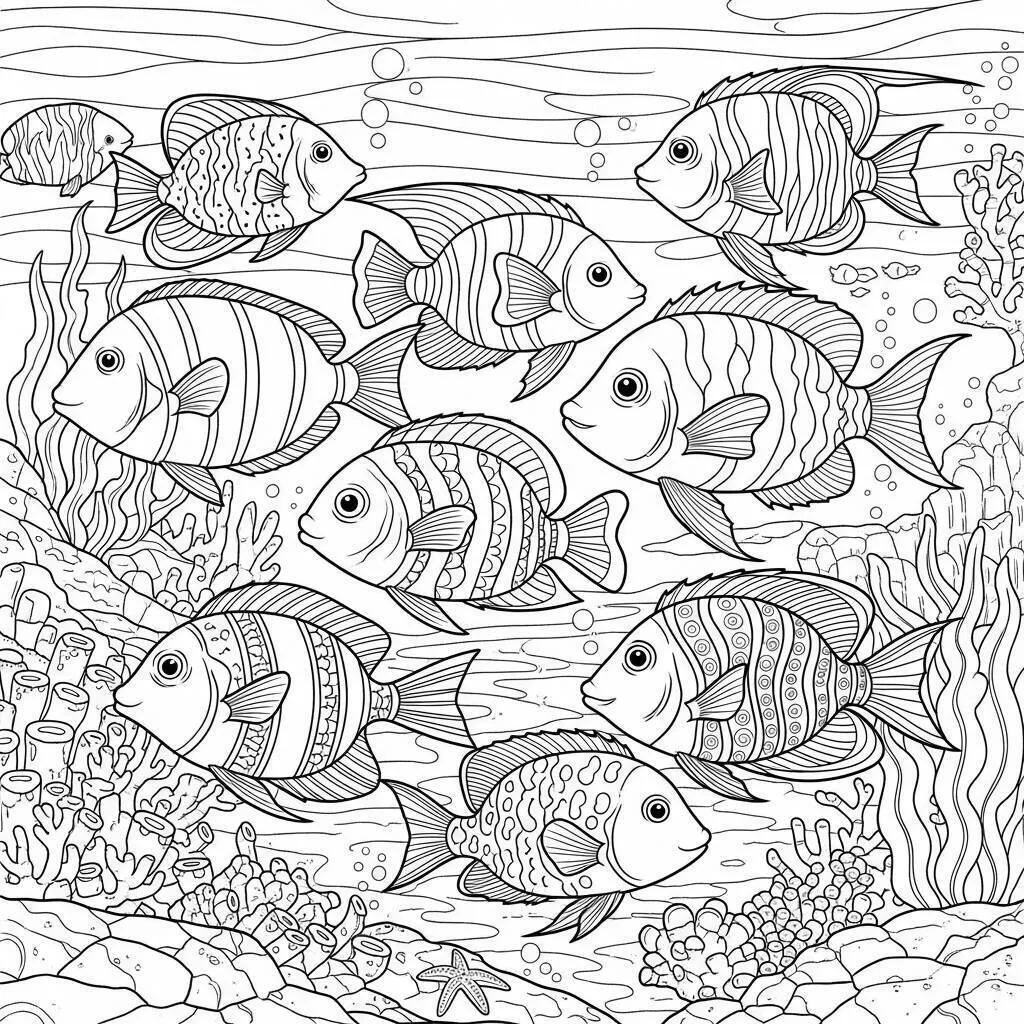 Desenho da Escola de Peixes para Colorir