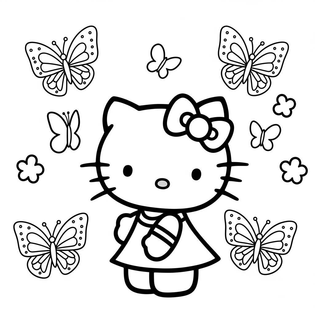 Desenho da Hello Kitty com Borboletas para Colorir