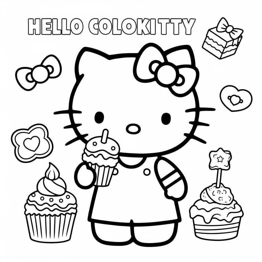Desenho da Hello Kitty com Doces para Colorir