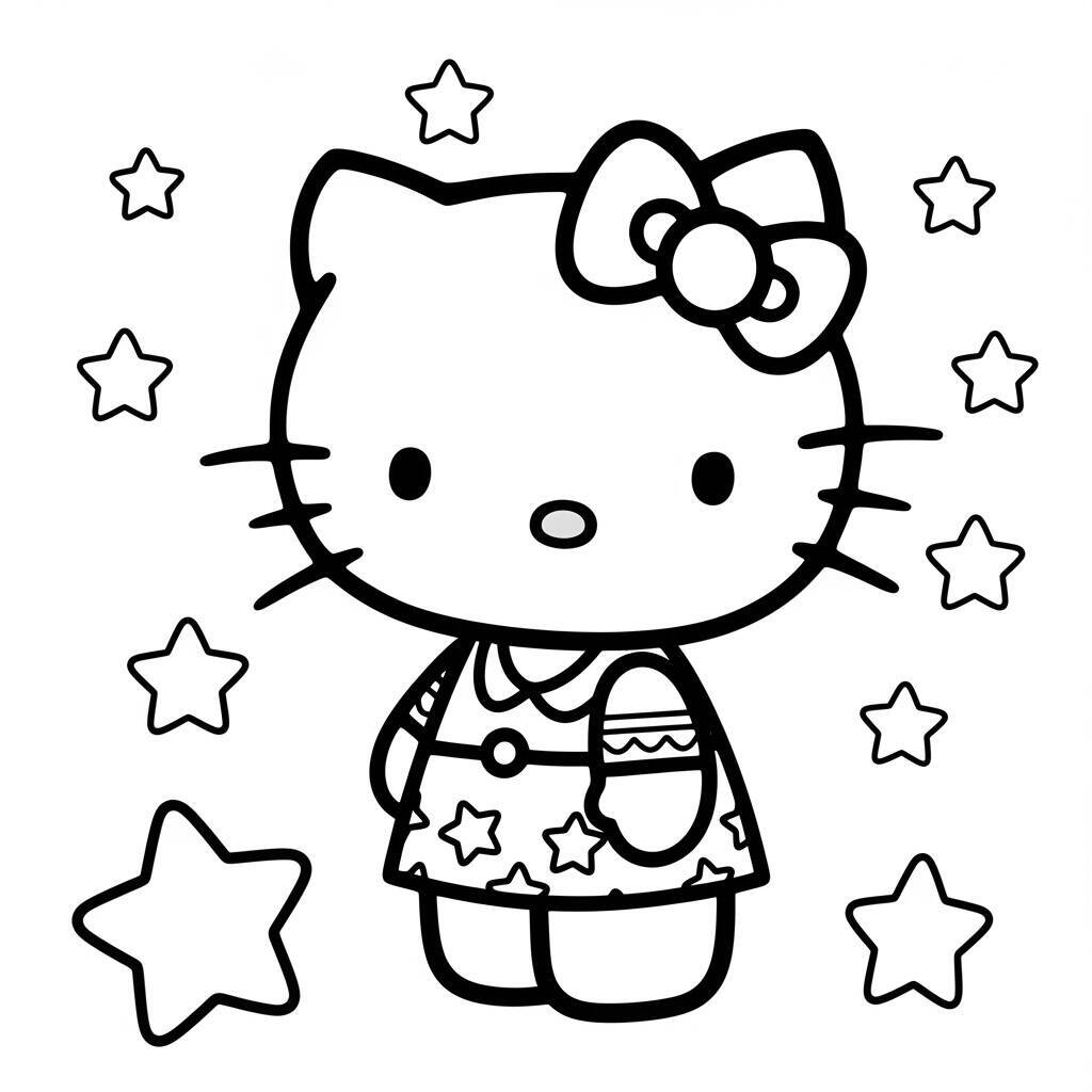 Desenho da Hello Kitty com Estrelas para Colorir