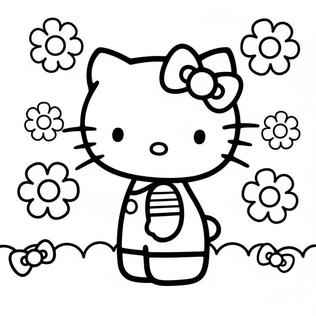Desenho da Hello Kitty com Flores para Colorir
