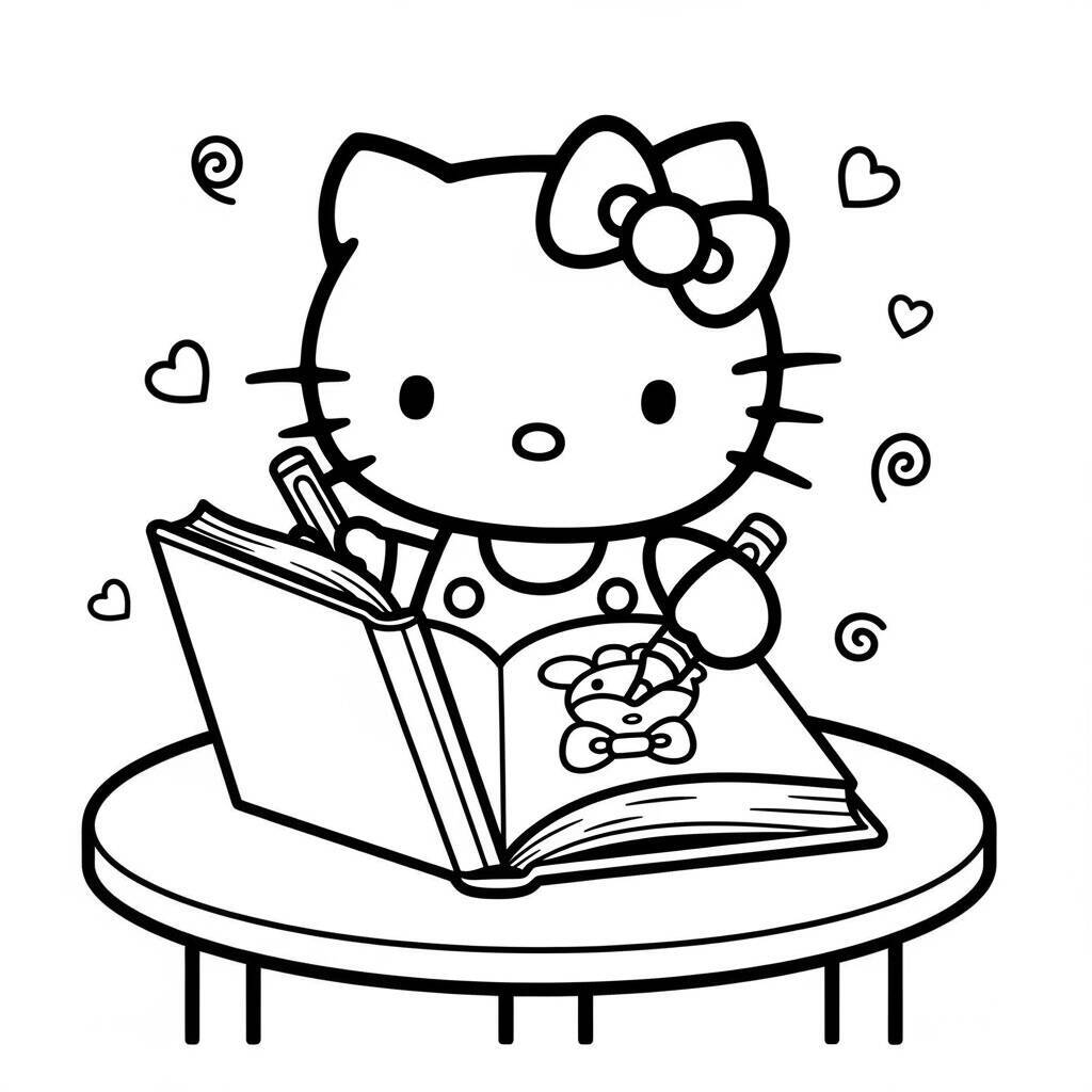 Desenho da Hello Kitty com um Livro para Colorir