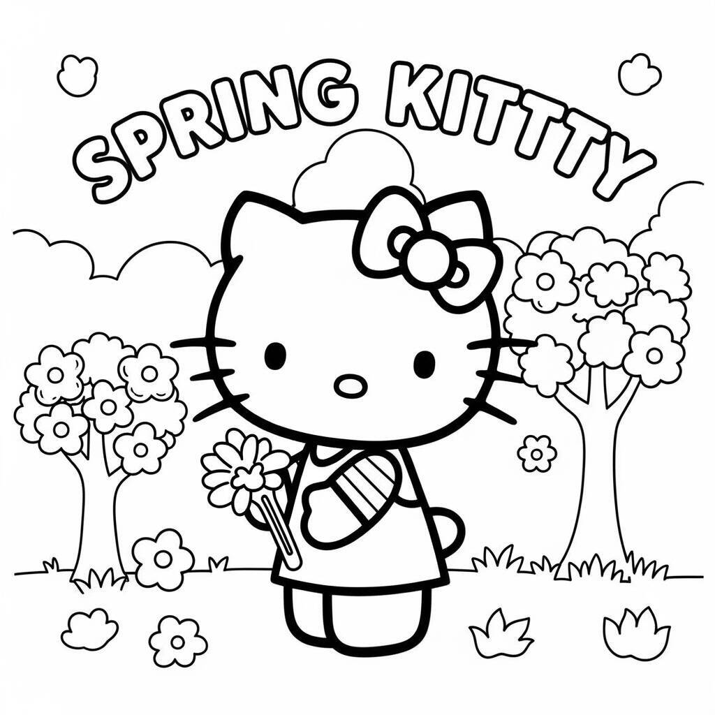 Desenho da Hello Kitty e a Primavera para Colorir