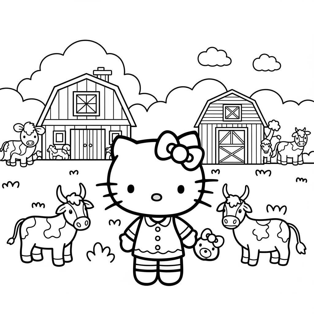 Desenho da Hello Kitty e os Animais da Fazenda para Colorir