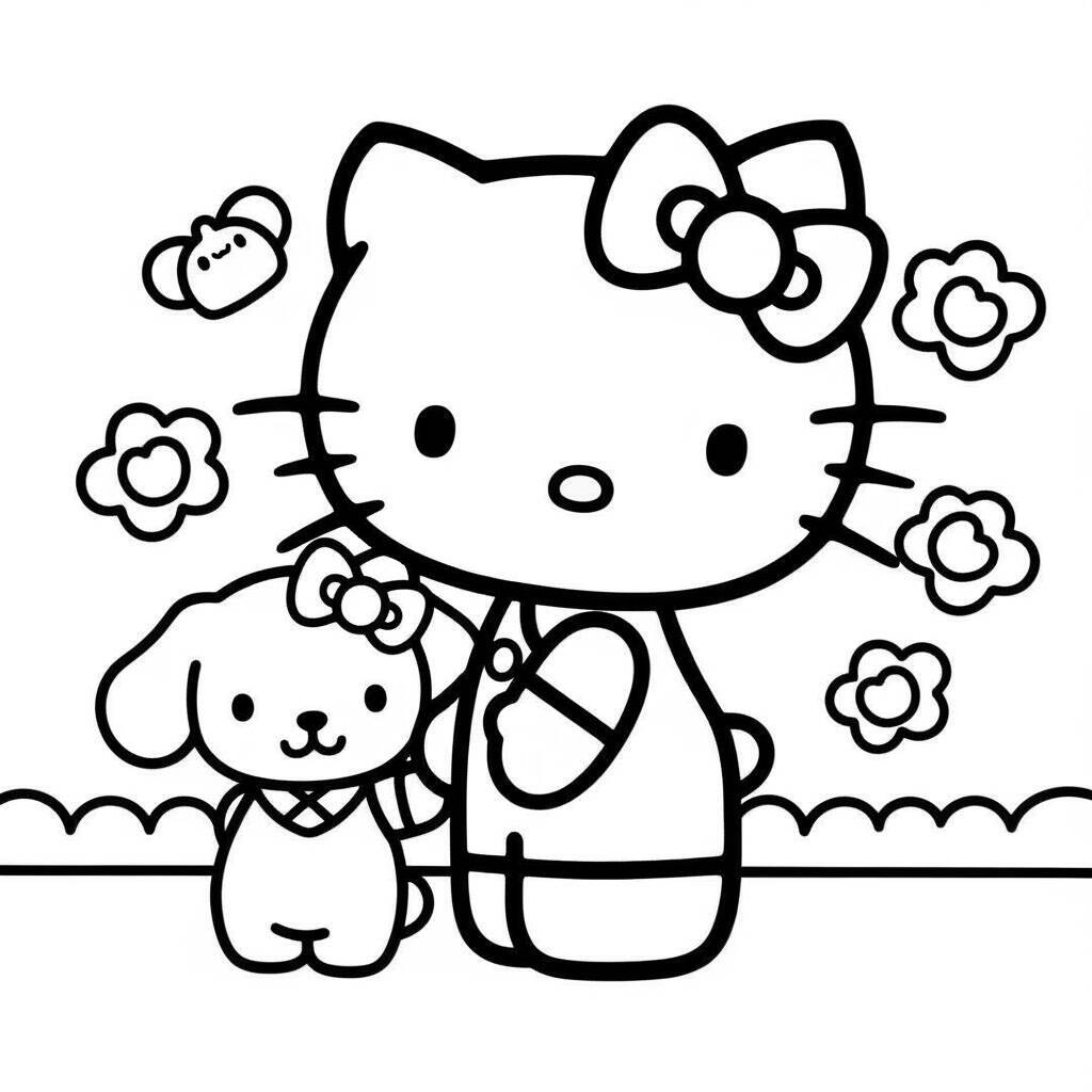 Desenho da Hello Kitty e seu Cachorrinho para Colorir
