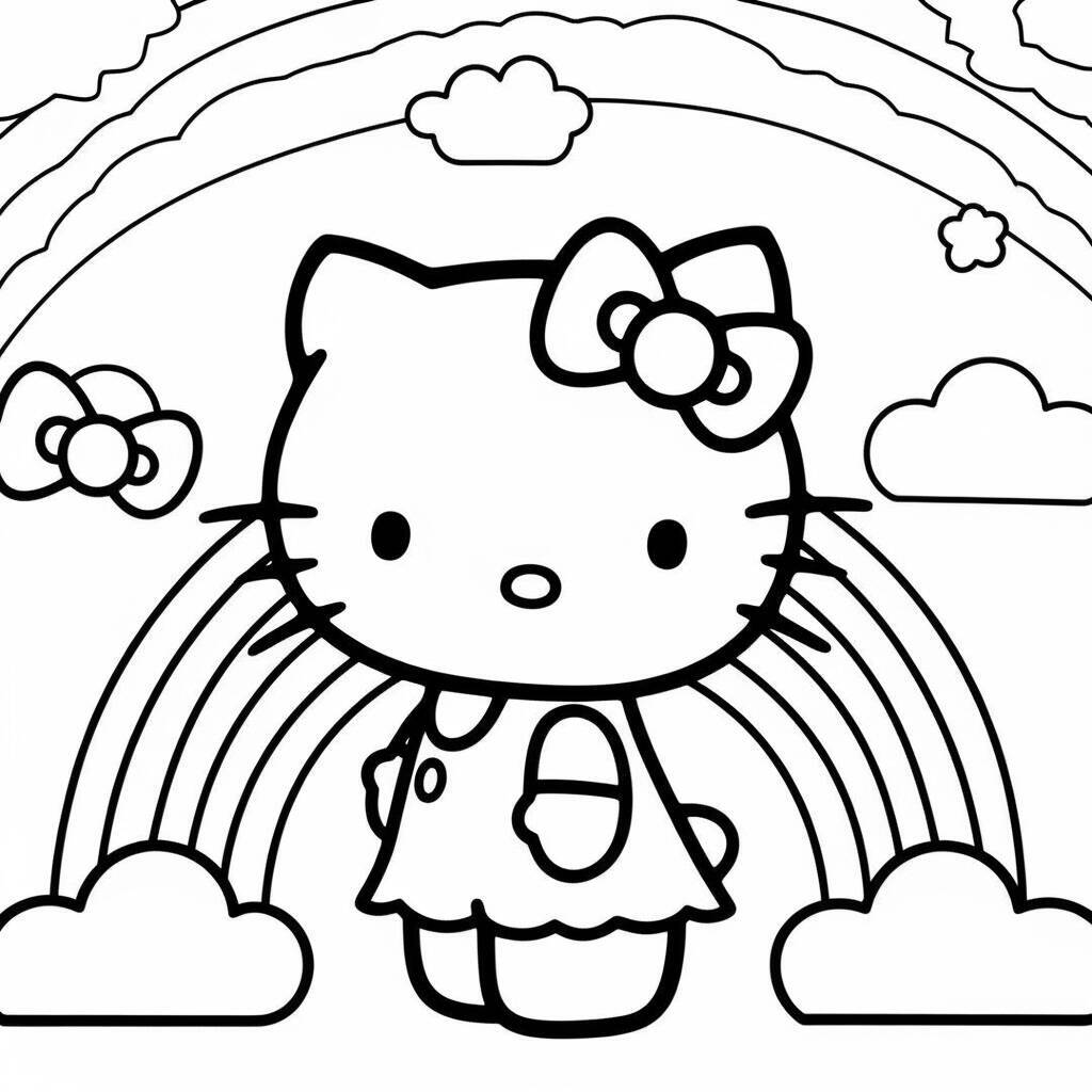 Desenho da Hello Kitty e um Arco-Íris para Colorir