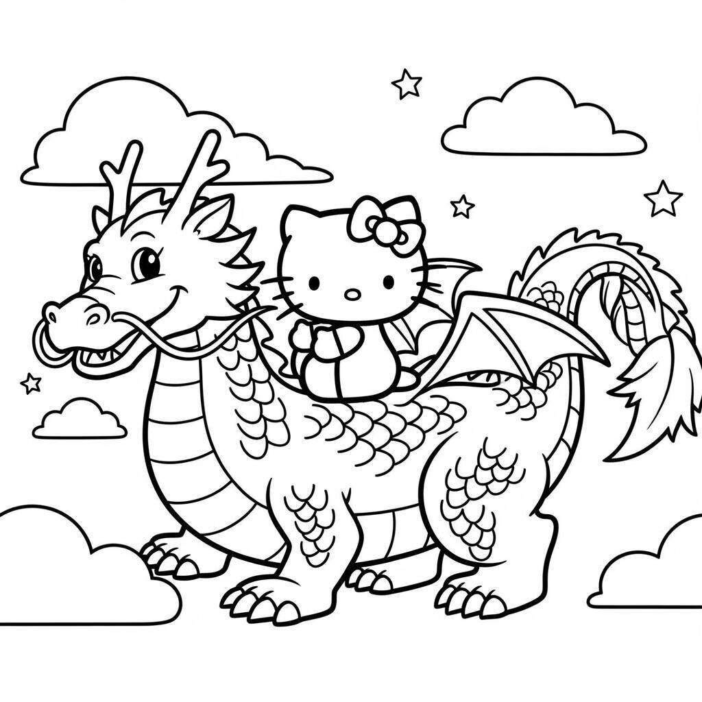 Desenho da Hello Kitty e um Dragão para Colorir