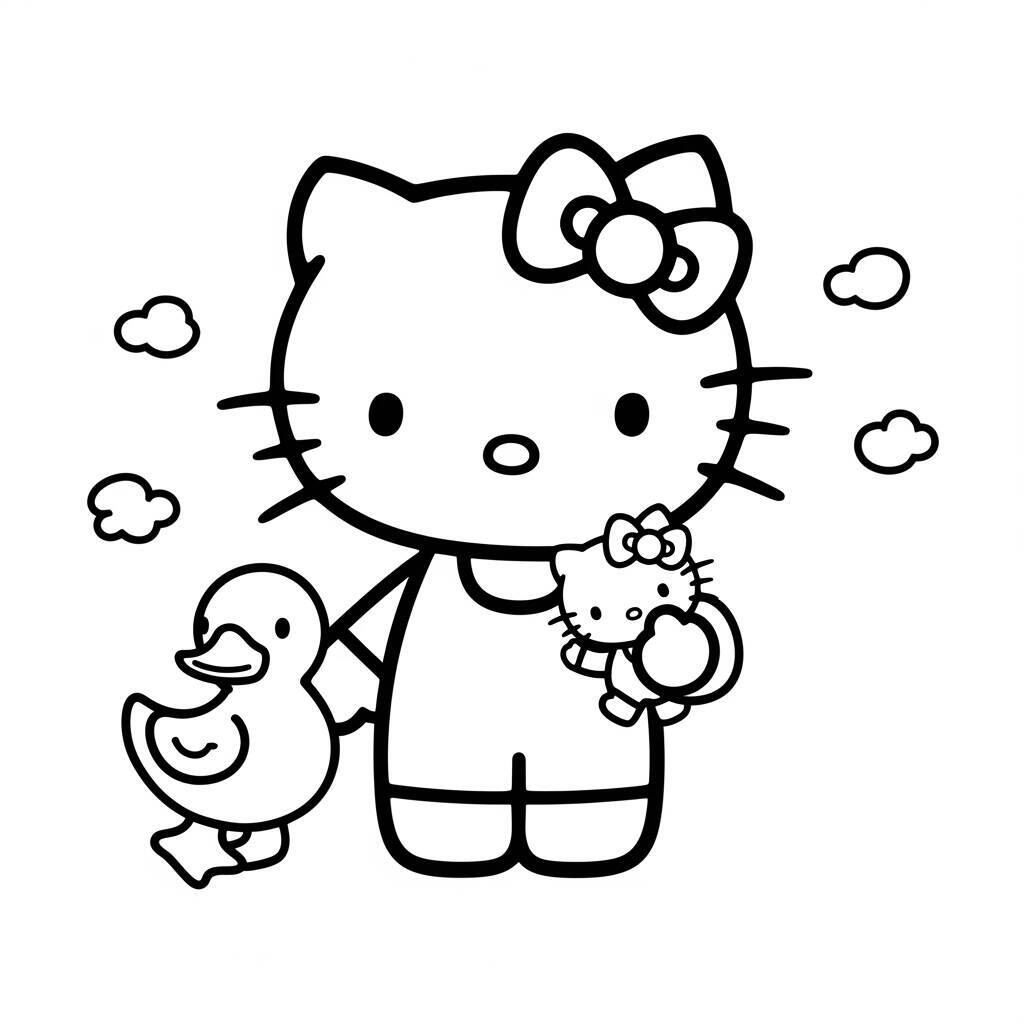 Desenho da Hello Kitty e um Pato para Colorir