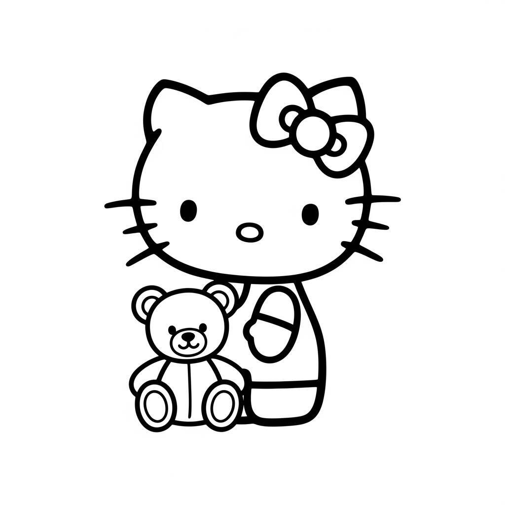 Desenho da Hello Kitty e um Urso de Pelúcia para Colorir