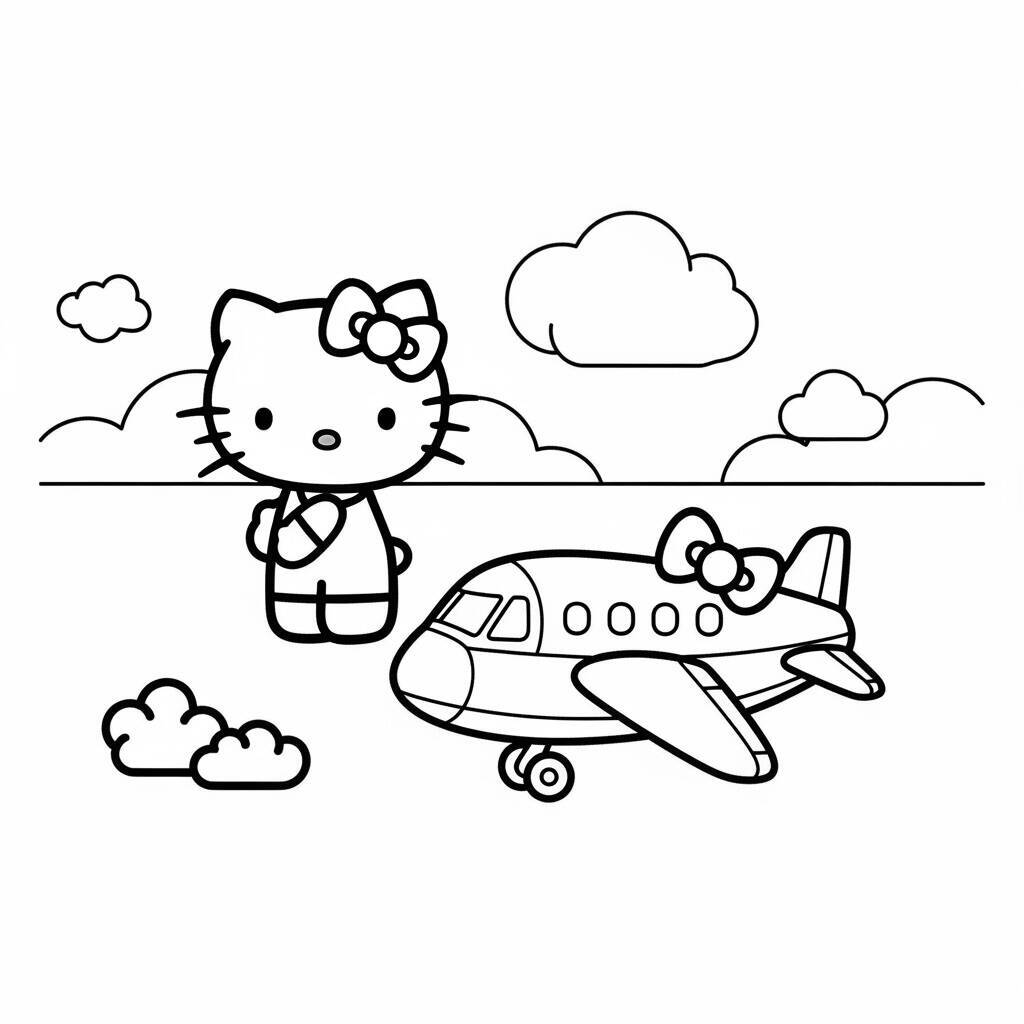 Desenho da Hello Kitty e um avião para Colorir