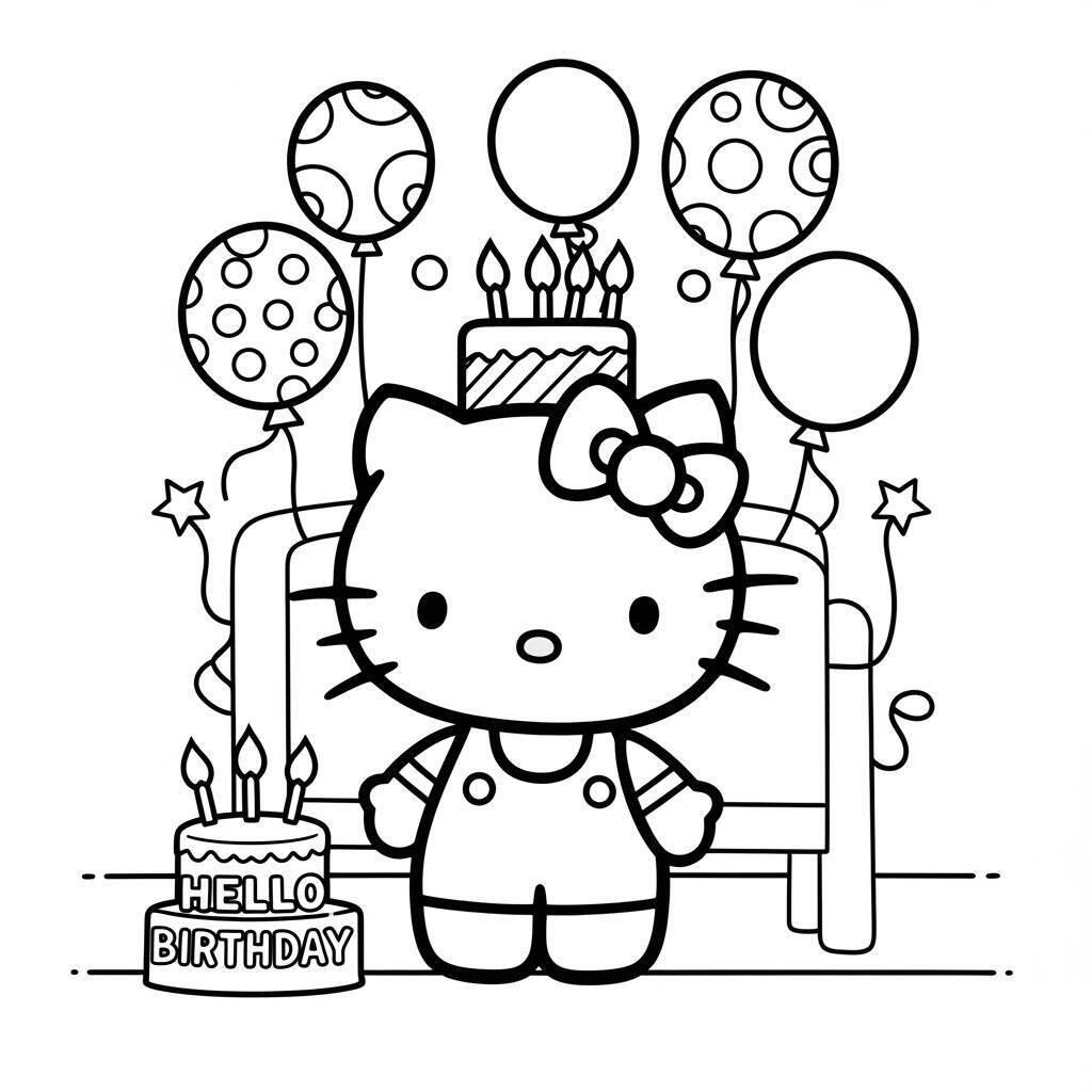 Desenho da Hello Kitty em Festa de Aniversário para Colorir