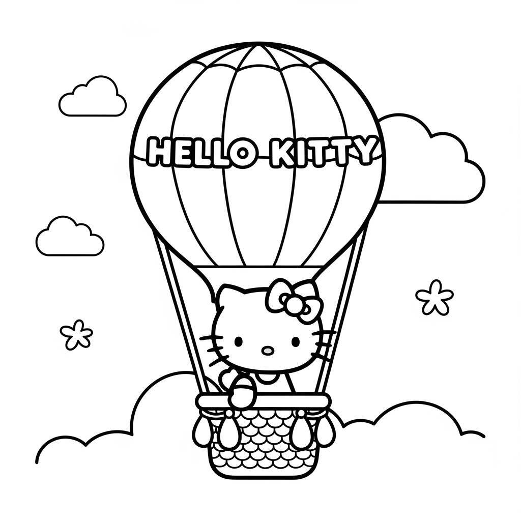 Desenho da Hello Kitty em um Balão de Ar Quente para Colorir