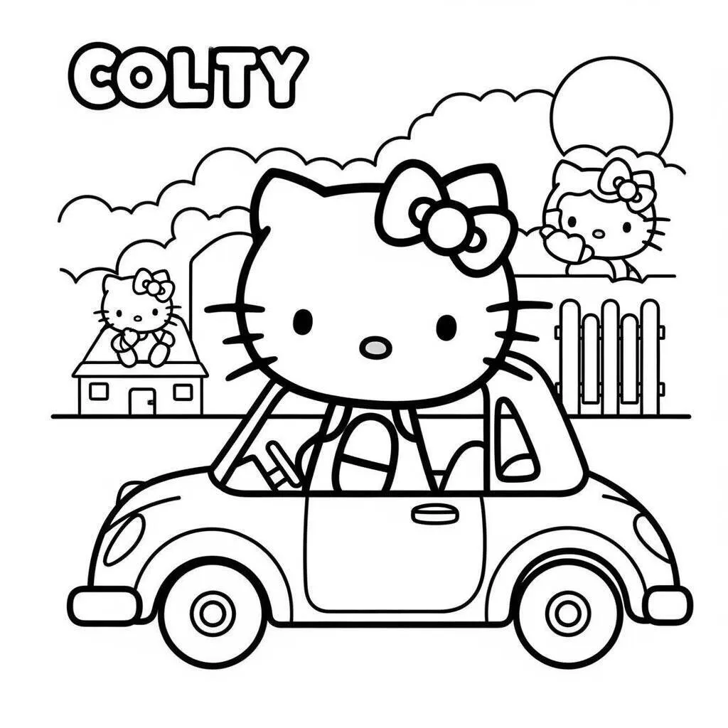 Desenho da Hello Kitty em um Carro para Colorir