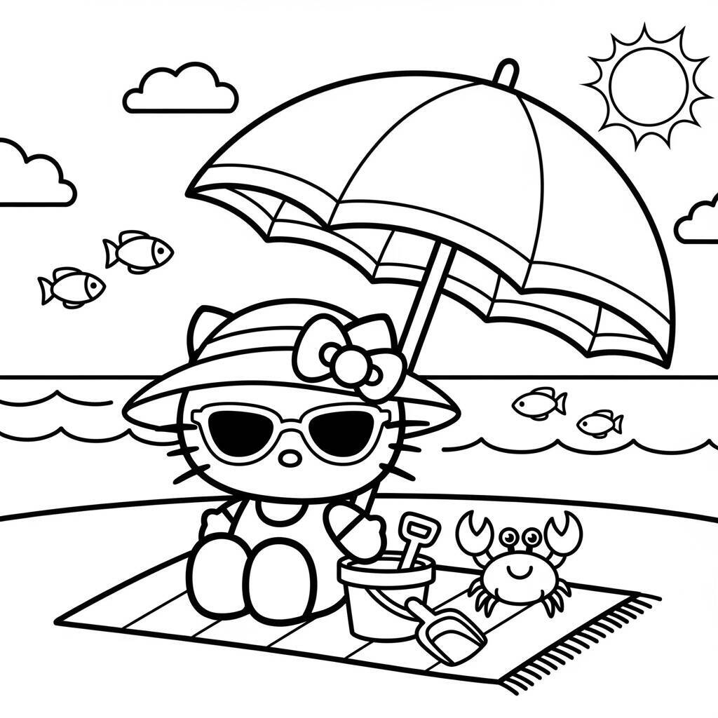 Desenho da Hello Kitty em um Dia de Praia para Colorir