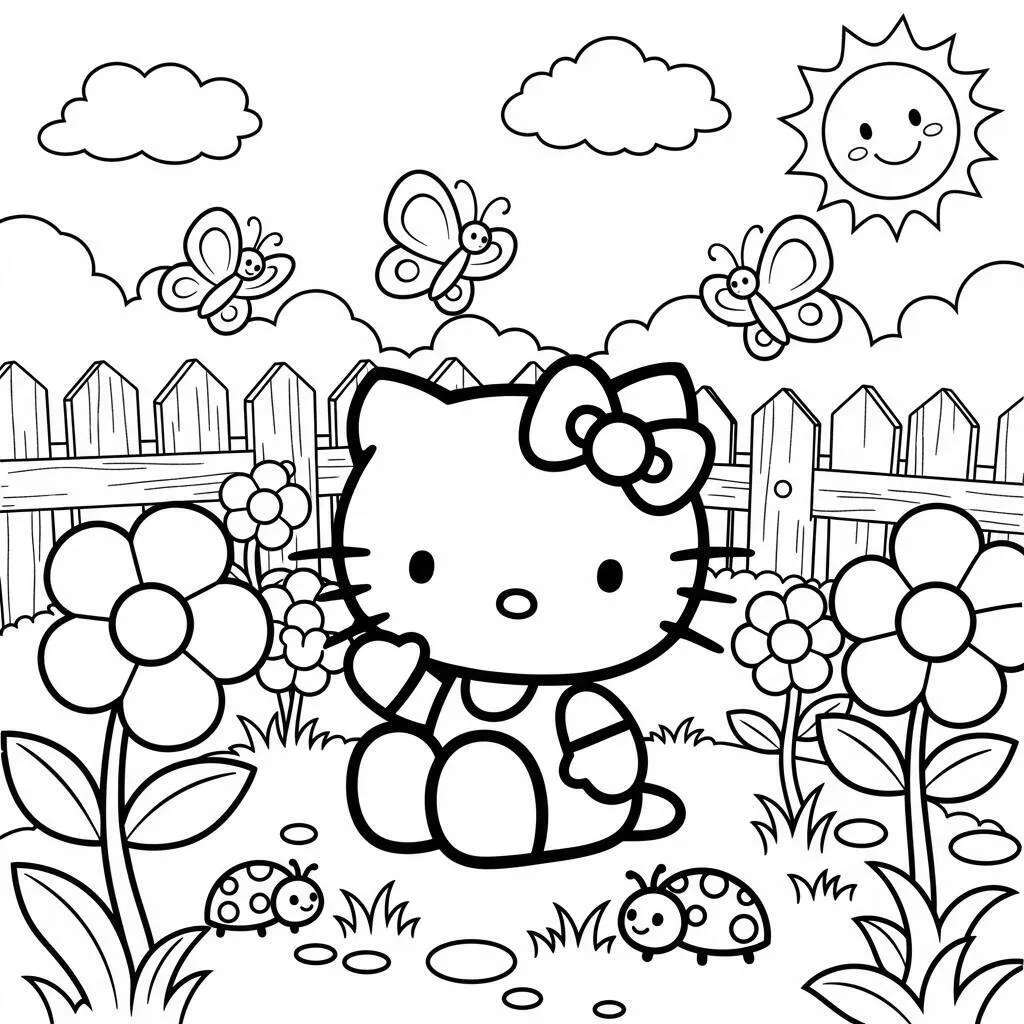 Desenho da Hello Kitty em um Jardim para Colorir