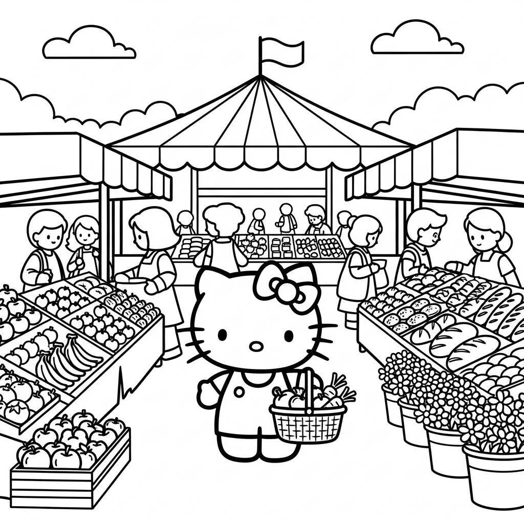 Desenho da Hello Kitty em um Mercado para Colorir