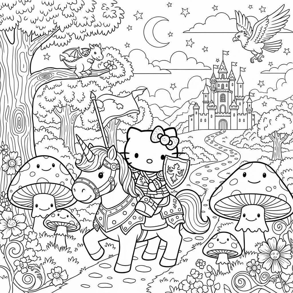 Desenho da Hello Kitty em um Mundo de Fantasia para Colorir
