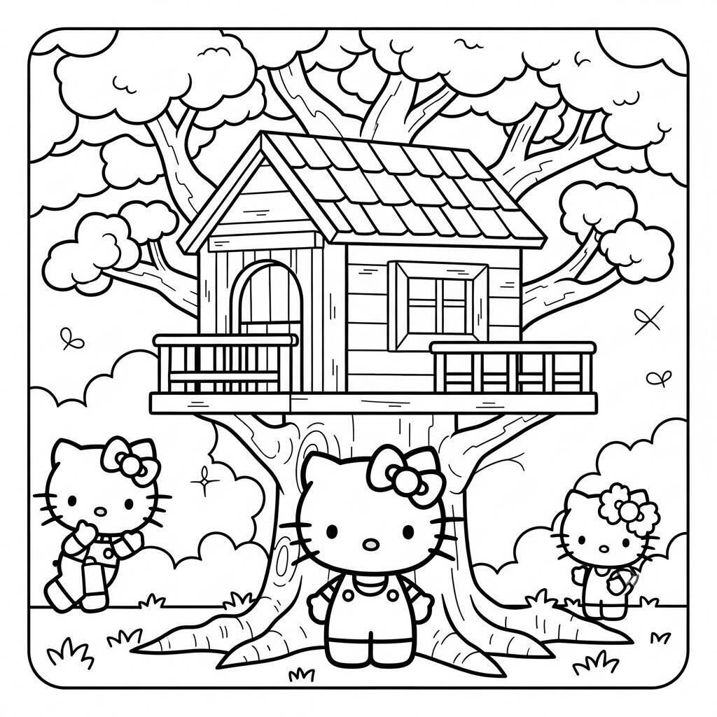 Desenho da Hello Kitty em uma Casa na Árvore para Colorir