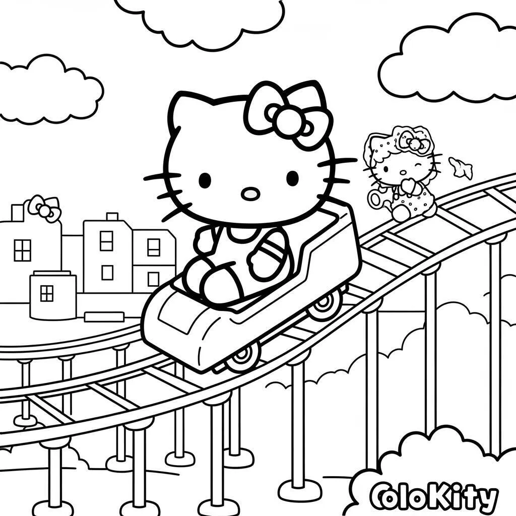 Desenho da Hello Kitty em uma Montanha Russa para Colorir