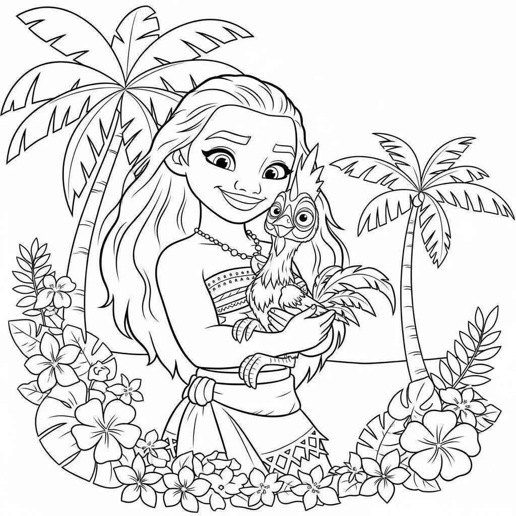 Desenho da Moana com Hei Hei para Colorir