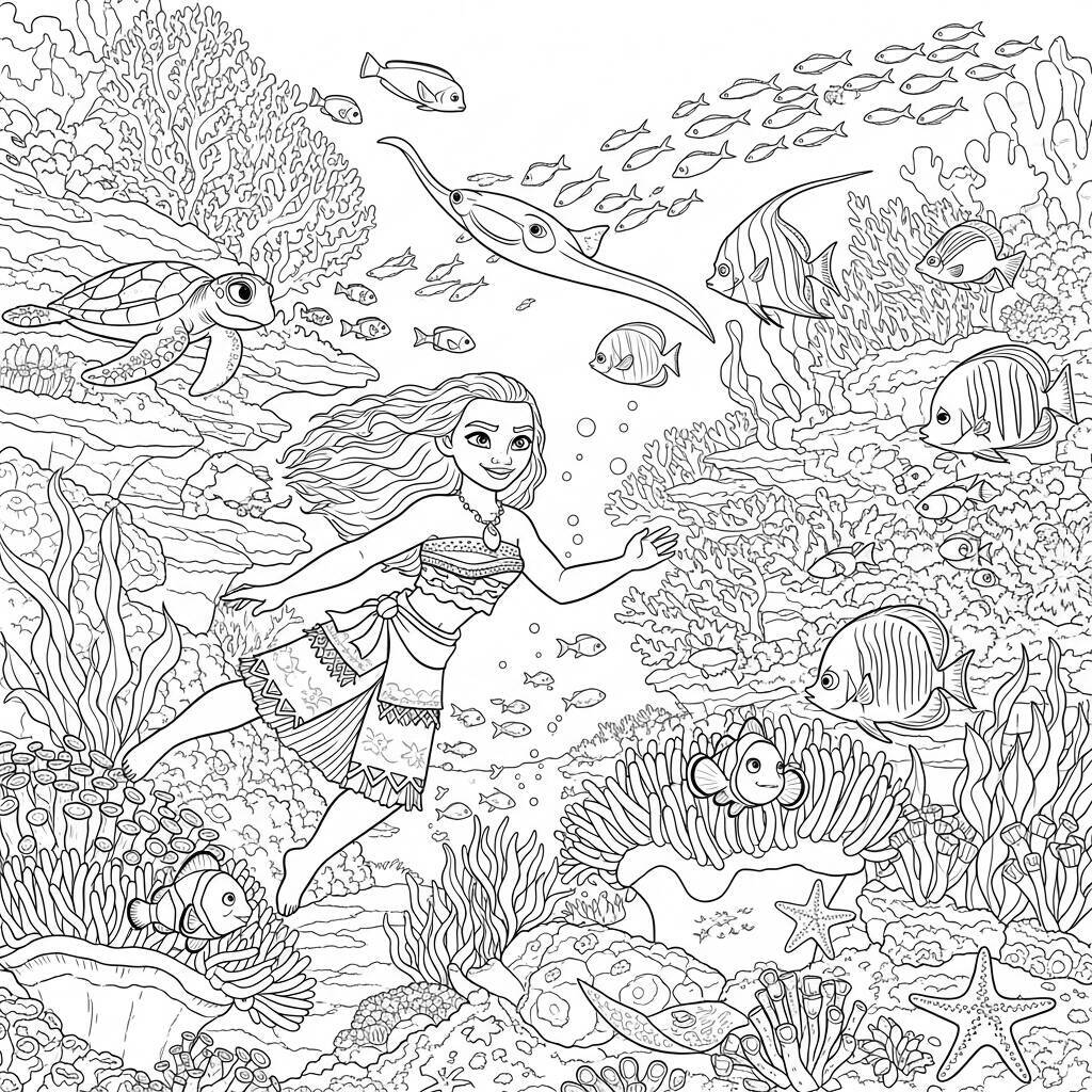 Coloriage Moana avec la flore marine