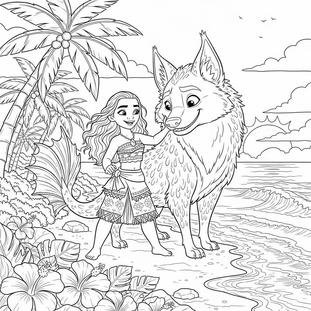 Coloriage Moana avec le loup de mer